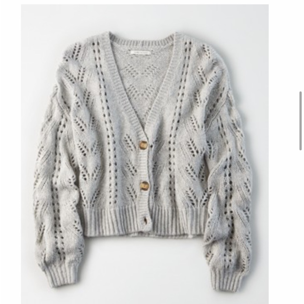 American Eagle Outfitters Light Gray Open-Knit V-Neck Cardigan
